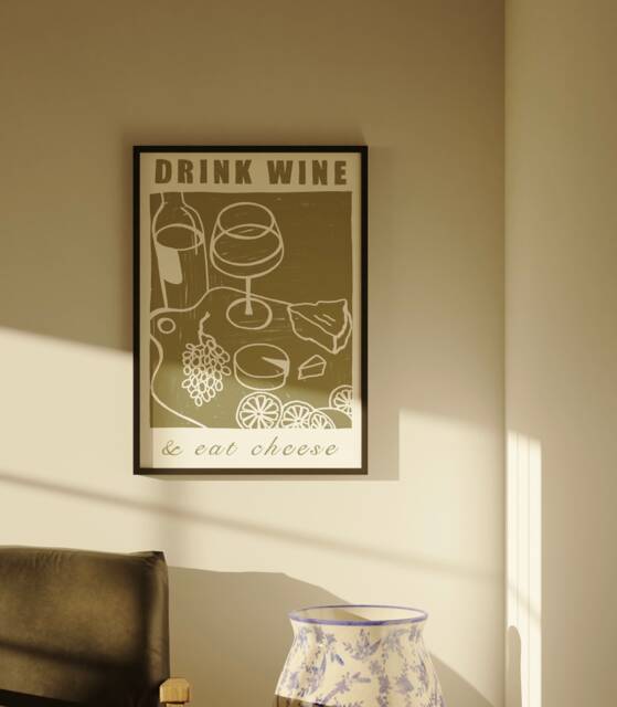Drink Wine Eat Cheese, Cheese & Wine, Snacks, Bottle Of Kitchen Art, Wall Art - image 1