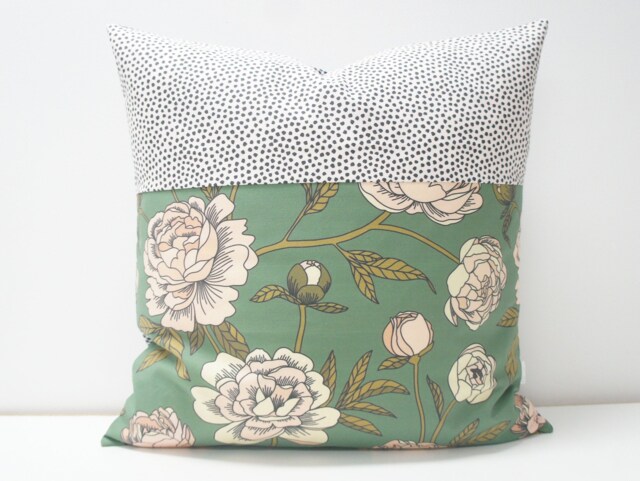 Patchwork Pillow Cover 20x20 - Vintage Green Floral Peonies, Black Dots - image 1