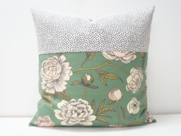 Patchwork Pillow Cover 20x20 - Vintage Green Floral Peonies, Black Dots - thumbnail 1