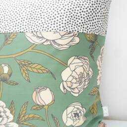 Patchwork Pillow Cover 20x20 - Vintage Green Floral Peonies, Black Dots - thumbnail 2
