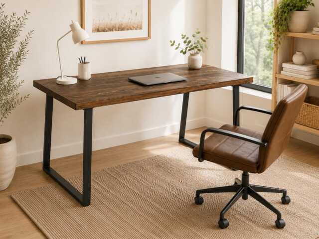 Reclaimed Wood Desk With UK-Made Trapezium Legs - Solid Oak Bracing Rustic Industrial Home Office Handmade in The UK - image 1
