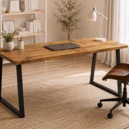 Reclaimed Wood Desk With UK-Made Trapezium Legs - Solid Oak Bracing Rustic Industrial Home Office Handmade in The UK - thumbnail 4