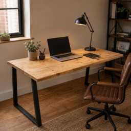 Reclaimed Wood Desk With UK-Made Trapezium Legs - Solid Oak Bracing Rustic Industrial Home Office Handmade in The UK - thumbnail 3