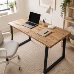 Reclaimed Wood Desk With UK-Made Trapezium Legs - Solid Oak Bracing Rustic Industrial Home Office Handmade in The UK - thumbnail 2