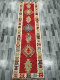 Heritage Runner Rug, Handmade Artisan Afghan Turkish, Scandinavian, Navajo, Bohemian Flatweave, Wool Multicolour Kilim Rug 304x83 cm - thumbnail 1