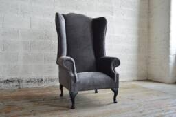 British Handmade Vintage Slate Grey Velvet Chesterfield Highback Wing Chair - thumbnail 1