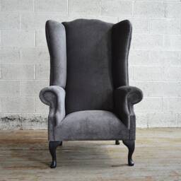 British Handmade Vintage Slate Grey Velvet Chesterfield Highback Wing Chair - thumbnail 2