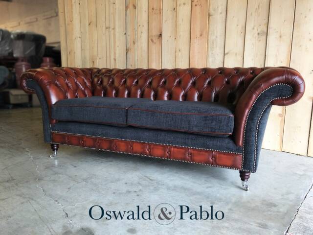 Handmade 3 Seater Antique Rust Brown Leather Chesterfield Sofa & Black Boucle Fabric - image 1