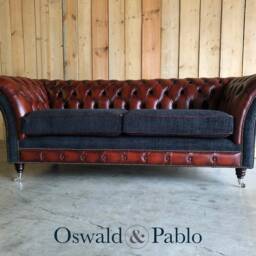 Handmade 3 Seater Antique Rust Brown Leather Chesterfield Sofa & Black Boucle Fabric - thumbnail 3