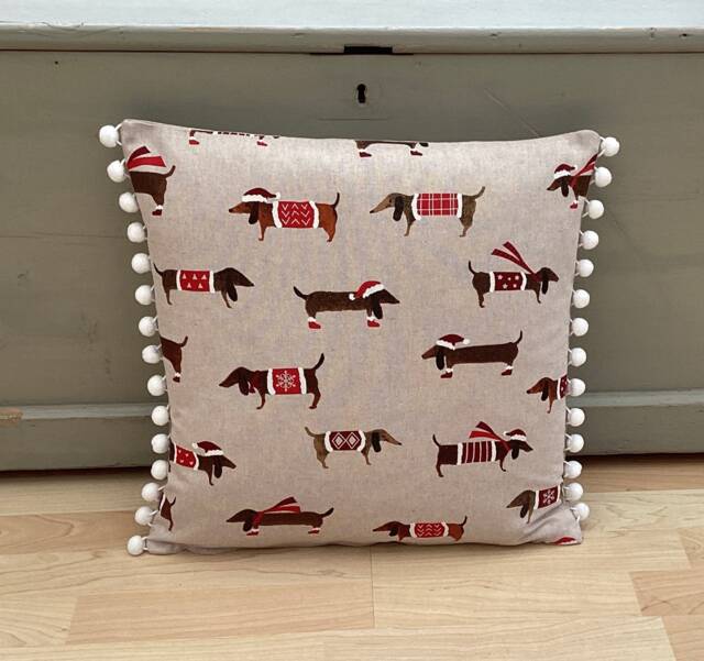 Christmas Gifts Santa Dachshund Pillow Cover Handmade Linen Cushion With Pom Trim - image 1