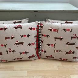 Christmas Gifts Santa Dachshund Pillow Cover Handmade Linen Cushion With Pom Trim - thumbnail 2