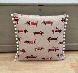 Christmas Gifts Santa Dachshund Pillow Cover Handmade Linen Cushion With Pom Trim - thumbnail 1