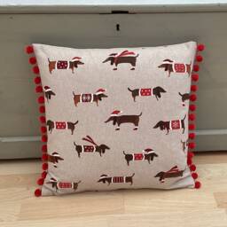 Christmas Gifts Santa Dachshund Pillow Cover Handmade Linen Cushion With Pom Trim - thumbnail 3