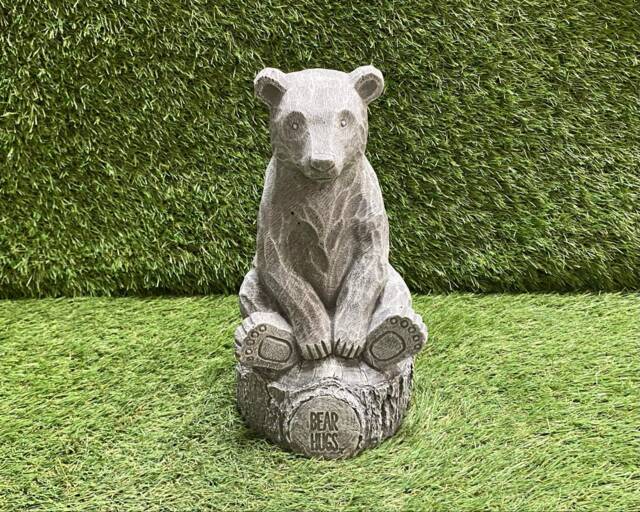 Concrete Bear Sitting On Stump Ornament Outdoor Garden Sculpture Frost Protected/D??cor Lumber Jack - image 1