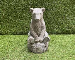 Concrete Bear Sitting On Stump Ornament Outdoor Garden Sculpture Frost Protected/D??cor Lumber Jack - thumbnail 1