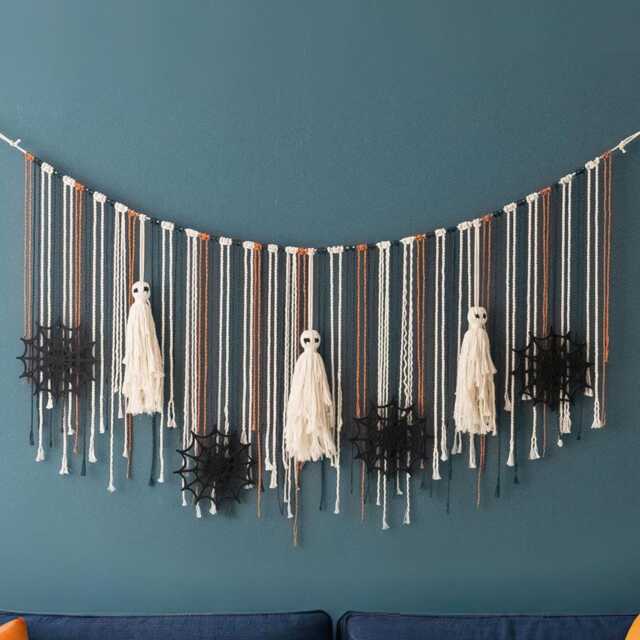 Spooky Halloween Macrame Garland - Ghost & Spider Web Wall Accent For Fall Decor U14 - image 1