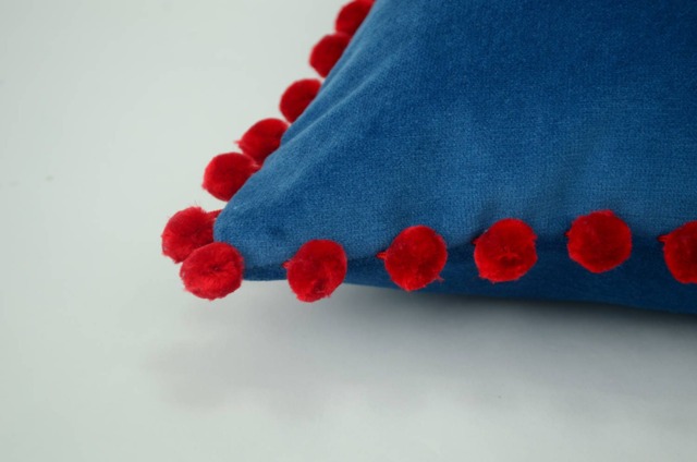 Blue Velvet Pillow With Red Pom Poms - Luxe Textured Cushion - image 1
