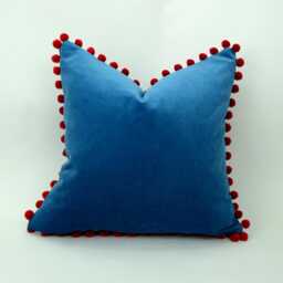 Blue Velvet Pillow With Red Pom Poms - Luxe Textured Cushion - thumbnail 2