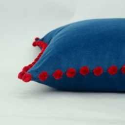 Blue Velvet Pillow With Red Pom Poms - Luxe Textured Cushion - thumbnail 4