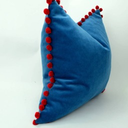 Blue Velvet Pillow With Red Pom Poms - Luxe Textured Cushion - thumbnail 3