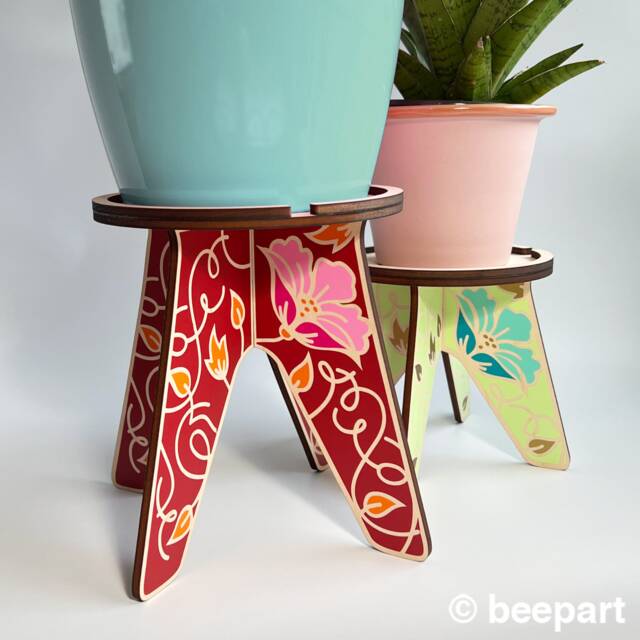 Wood Indoor Plant Stand With Floral Pattern Design Wooden Riser Clementine - image 1