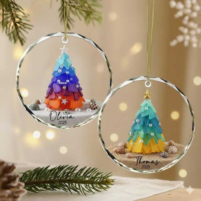 Personalized Seaglass Christmas Tree Ornament, Ceramic Family Gift, Glass Ocean Holiday Keepsake - image 1
