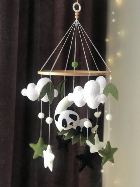 Panda Baby Mobile Moon Stars Nursery Decor Bamboo Newborn Gift Babyshower - image 1