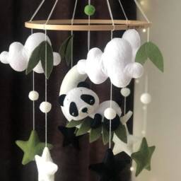 Panda Baby Mobile Moon Stars Nursery Decor Bamboo Newborn Gift Babyshower - thumbnail 3