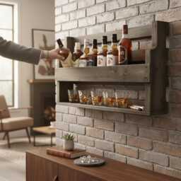 Whiskey Shelf Wine Glass Whiskey Holder Bottle Rack Wood Black Vintage Shabby Ready Assembled - thumbnail 4
