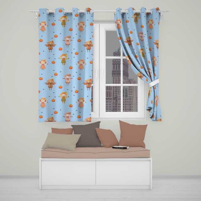 Cute Autumn Scarecrow Pumpkins Birds Blue Seamless Pattern Readymade Eyelet Ring Top Thermal 100% Blackout Curtains - image 1