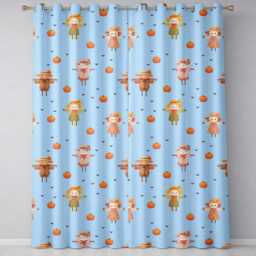 Cute Autumn Scarecrow Pumpkins Birds Blue Seamless Pattern Readymade Eyelet Ring Top Thermal 100% Blackout Curtains - thumbnail 2