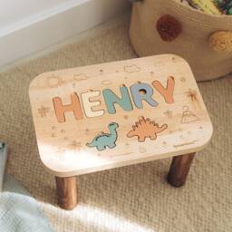 Wooden Stool Custom Name Puzzle Personalized Dinosaurs 1St Birthday Gift For Kids First Christmas For Toddlers Baptism Boy