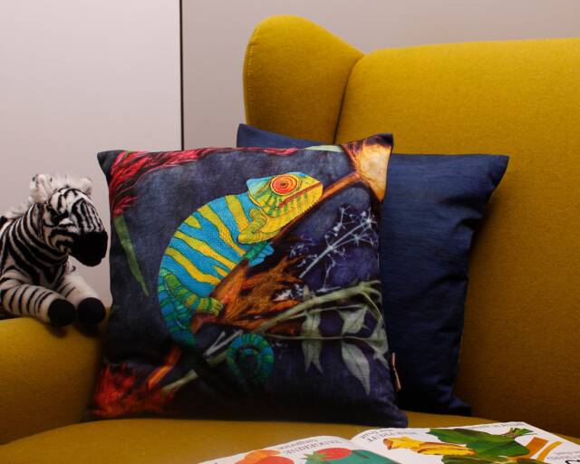 Handmade Velvet Chameleon Sofa Pillow - Blue Interior Cushion Animal Print Perfect Home Decor Camouflaged - image 1