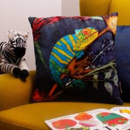 Handmade Velvet Chameleon Sofa Pillow - Blue Interior Cushion Animal Print Perfect Home Decor Camouflaged - thumbnail 2