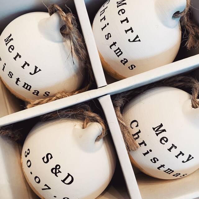 Personalised Christmas Bauble - Custom Ornaments 2022 Set Of Ceramic Baubles in Gold, Silver Or Copper Foil Gift For Couple - image 1