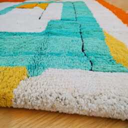 Modern Moroccan Abstract Wool Rug - Handwoven Mid-Century Style Carpet Geometric Boho Area - Orange, Teal & Mustard Accents - thumbnail 3