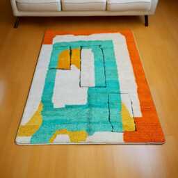 Modern Moroccan Abstract Wool Rug - Handwoven Mid-Century Style Carpet Geometric Boho Area - Orange, Teal & Mustard Accents - thumbnail 2