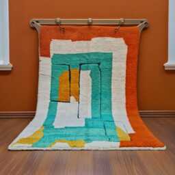 Modern Moroccan Abstract Wool Rug - Handwoven Mid-Century Style Carpet Geometric Boho Area - Orange, Teal & Mustard Accents - thumbnail 1