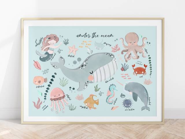 Sea Animals Print, Under The Ocean Nautical Nursery Scandi Decor, Educational Poster, Playroom Prints, Kids Wall Art - image 1