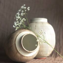 Textured White Ceramic Vase Wheel Thrown Pottery Jar, Eco-Friendly Home Decor - thumbnail 3