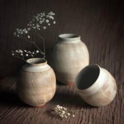 Textured White Ceramic Vase Wheel Thrown Pottery Jar, Eco-Friendly Home Decor - thumbnail 2