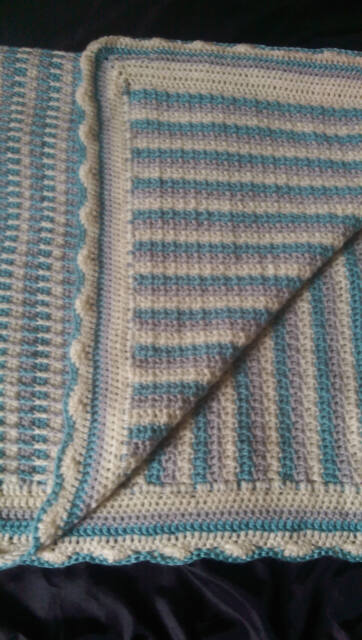 Handmade Crochet Throw Blanket - Cream, Teal, & Gray Striped - image 1