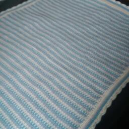 Handmade Crochet Throw Blanket - Cream, Teal, & Gray Striped - thumbnail 2