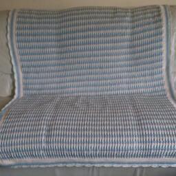 Handmade Crochet Throw Blanket - Cream, Teal, & Gray Striped - thumbnail 4