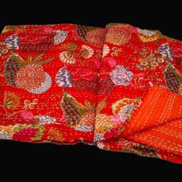 Orange Floral Design Handmade Kantha Quilt Indian Cotton Blanket Hand Stitched Bedspread Bohemian Bedding Throw Textile - thumbnail 2