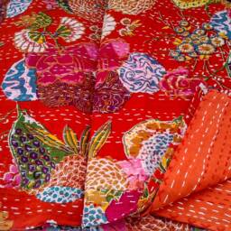 Orange Floral Design Handmade Kantha Quilt Indian Cotton Blanket Hand Stitched Bedspread Bohemian Bedding Throw Textile - thumbnail 3
