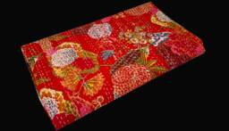 Orange Floral Design Handmade Kantha Quilt Indian Cotton Blanket Hand Stitched Bedspread Bohemian Bedding Throw Textile