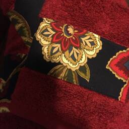 Handmade 3-Piece Cherry Red Bath Towel Set Trimmed With Navy/Cherry Red/Taupe Cotton Print - thumbnail 2