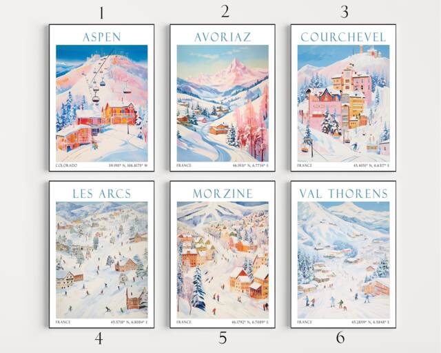 Ski Poster Sets, Skiing Poster, Wall Art, Travel France Austria Switzerland Print, Art Print - image 1