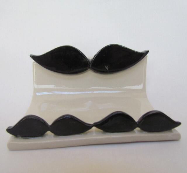 Business Card Holder Cell Phone Stand Mustache Handmade Pottery - image 1